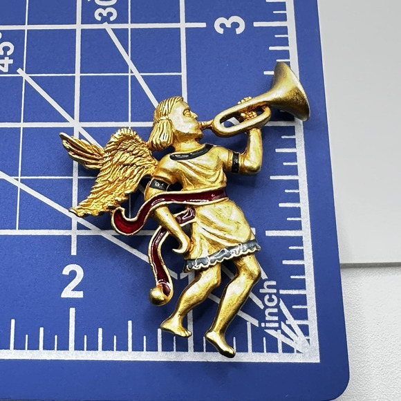 Vintage Museum of American Folk Art Angel Trumpeting Brooch Gold Tone Enamel - Picture 15 of 15
